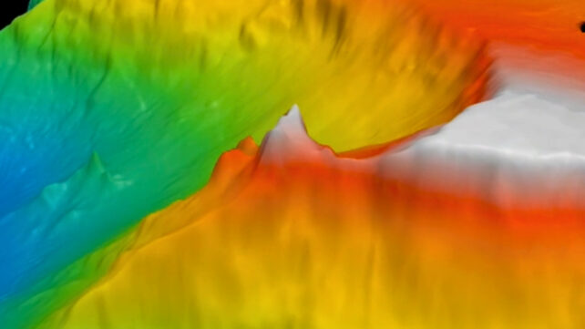 False color image showing underwater terrain of a 'lost city'