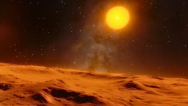 Illustration of an orange star above a red dusty planet