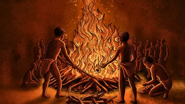Illustration showing early humans gathered around a fire