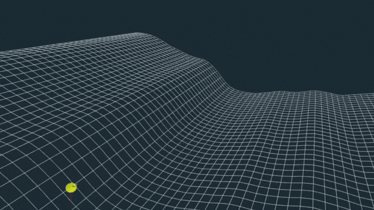 A yellow dot representing a buoy is carried by a large simulated wave
