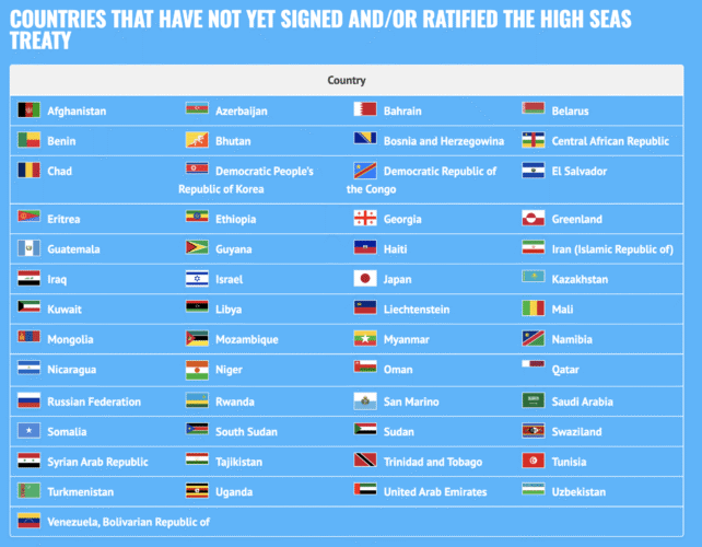 a table showing the countries that have not yet signed or ratified the high seas treaty