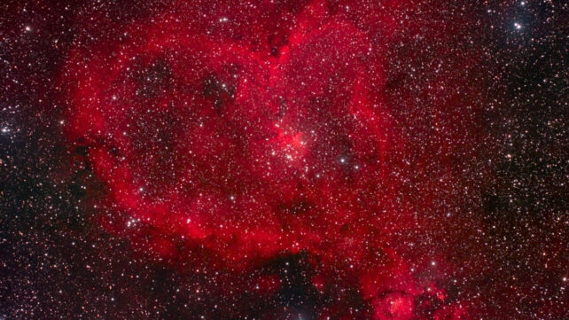 A red, heart-shaped object in a starry sky