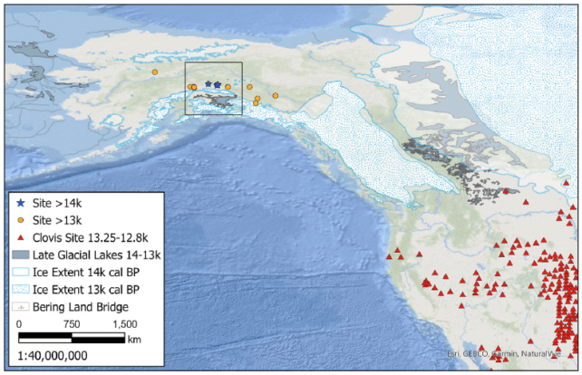 map of north america centered on alaska. blue stars on southern central alaska mark the archeological site.
