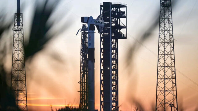 A SpaceX Falcon 9 rocket with the company’s Dragon spacecraft on top is seen at Space Launch Complex 40
