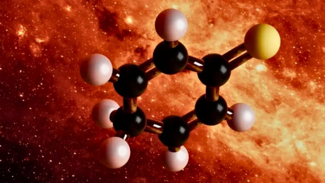 Illustration of a molecule in the forground, on a galactic background