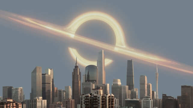 black hole over a city skyline