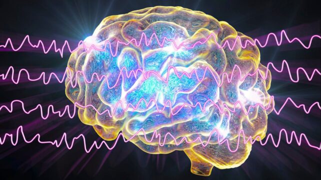 Illustration of a brain in blue and yellow, with purple waves overlaid across it