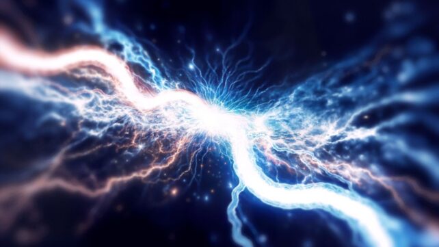 Illustration of a white squiggly lines tinged red and blue emanating out of black background to depict a jolt of energy.