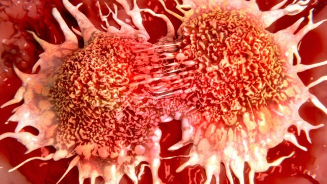 Science illustration showing cancer cells dividing