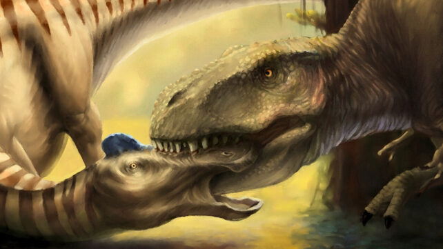 Illustration of a T. rex biting another dinosaur on the head