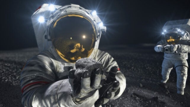 An artist’s concept of two suited crew members working on the lunar surface