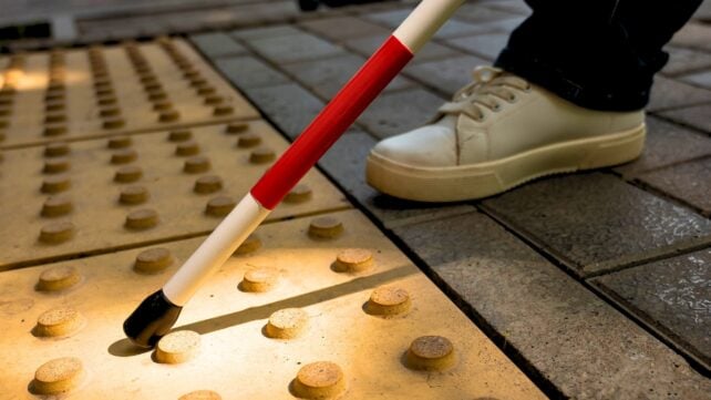 A foot and a cane, feeling along the footpath