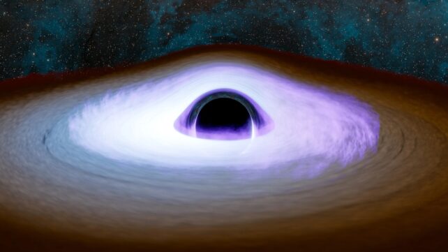 An illustration of a black hole with a dark circle surrounded by light discs