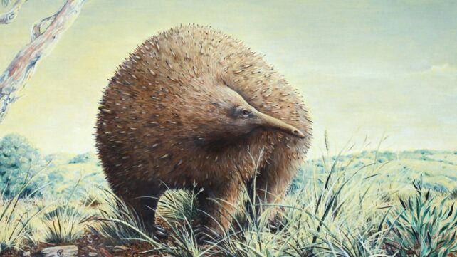 An illustration of a giant echidna in a green outdoor space. Part of a tree in the background helps to demonstrate the echidna's relative size