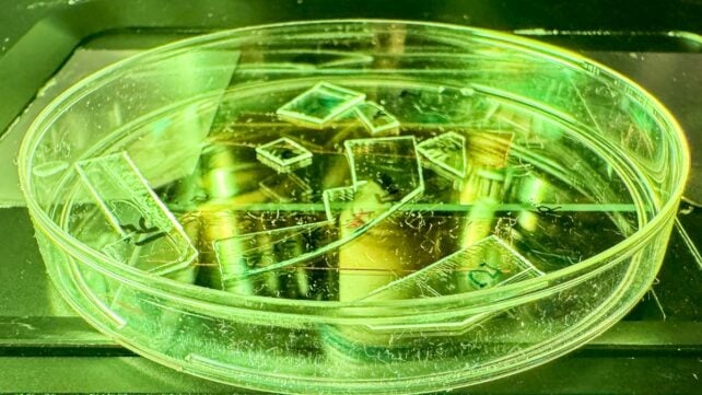 Fluorescent green transparent pieces of film are in a petri dish
