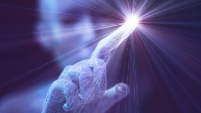 Digital illustration of a humanoid artificial intelligence figure reaching toward a bright point of light.
