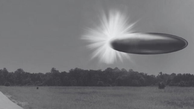 A black and white photo of a landscape, with a sketch overlay showing a cylinder-shaped flying object