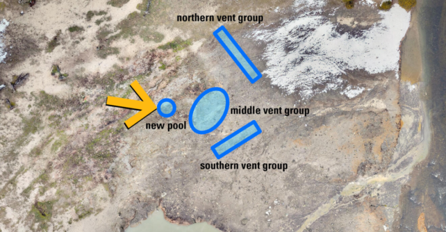 Arrow shows the location of a new pool that appeared in Yellowstone National Park in June 2026
