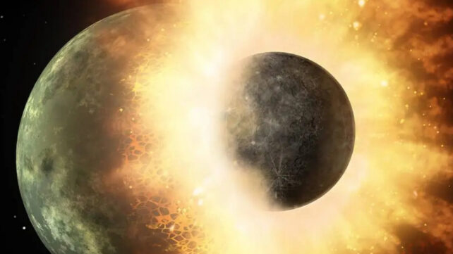 a celestial body about the size of our moon slamming at great speed into a body the size of Mercury