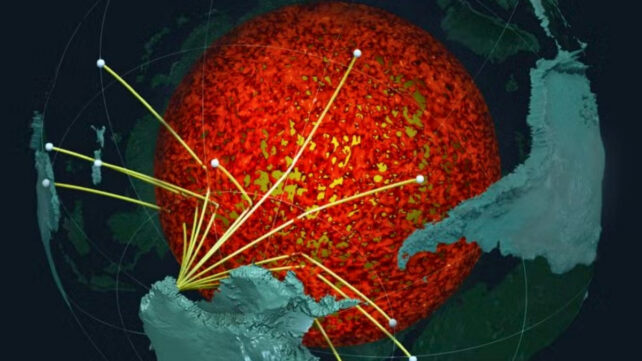 Scientific visualization of Earth's interior beneath the Southern Hemisphere, showing seismic wave paths from Antarctica crossing a glowing red-orange core-like region.