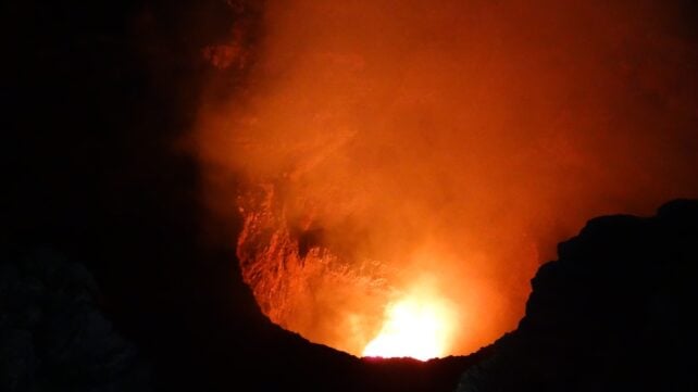 Masaya crater at night, glowing