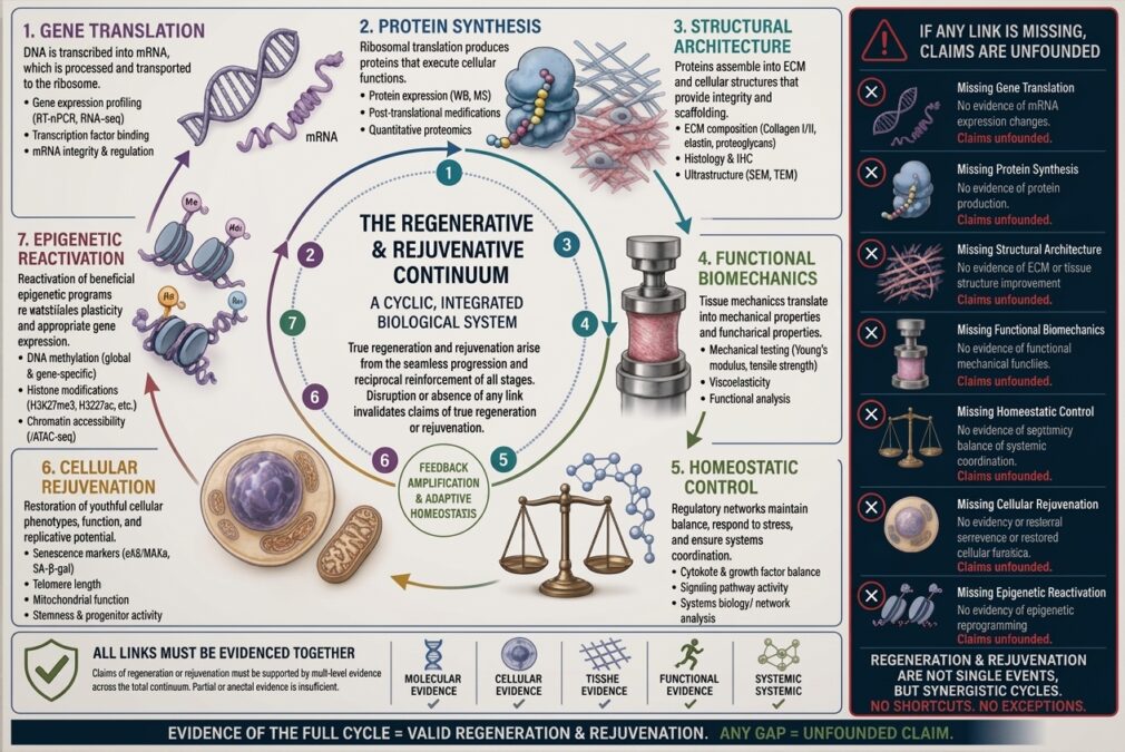 Diagram showing seven biological domains used to assess tissue regeneration and rejuvenation.