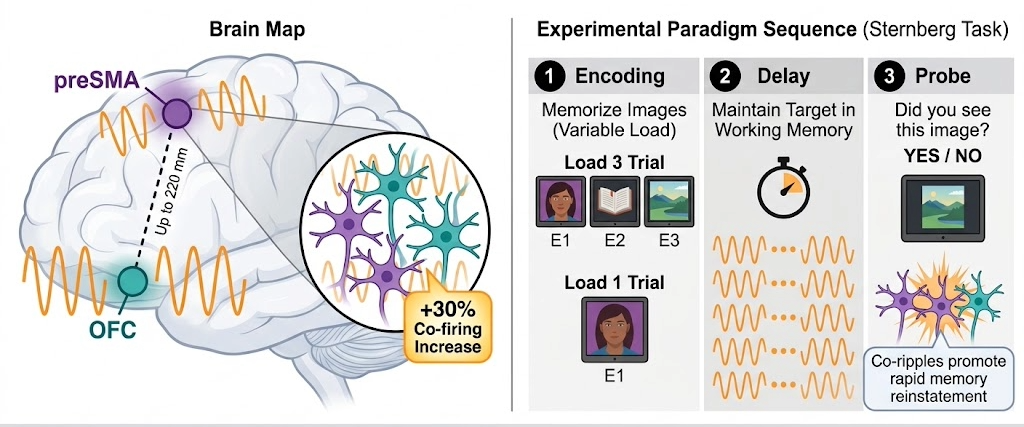 Diagram showing synchronized brain ripples between distant regions and the three stages of the working-memory test: viewing images, remembering them, and recognizing an image.