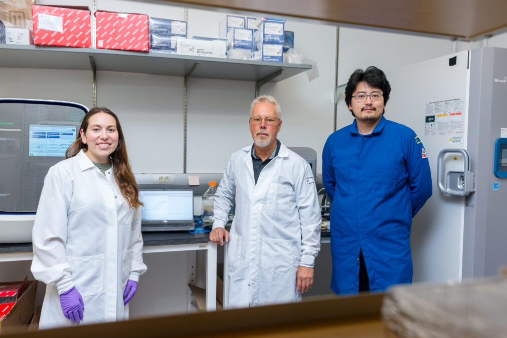 Rachelle Stark, Anders Näär, and Chu Zhu standing together in a UC Berkeley laboratory.