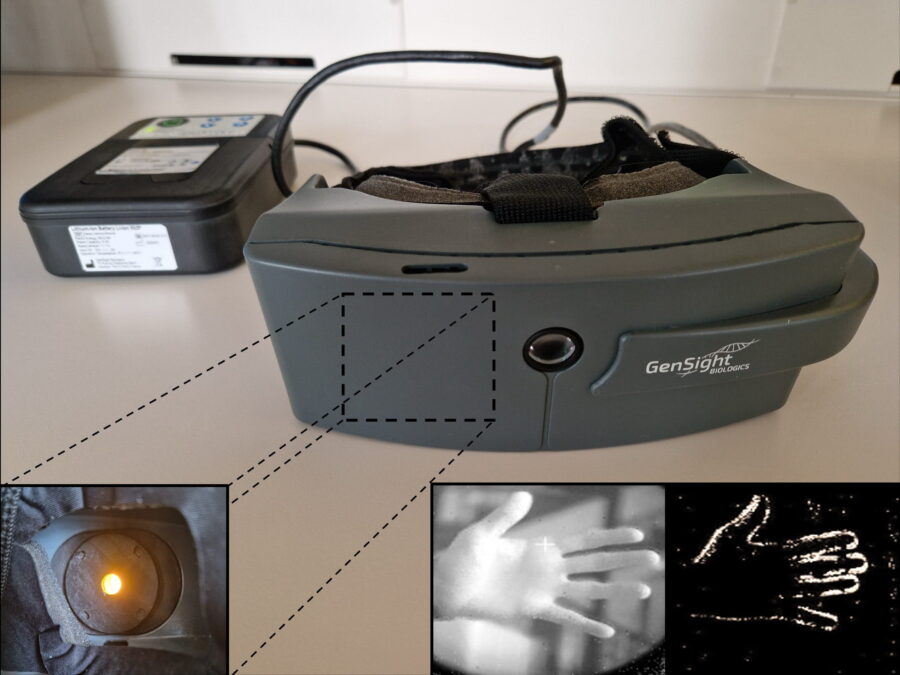 Special goggles connected to a portable processor, with inset images showing the projector and the conversion of a hand image into a light pattern