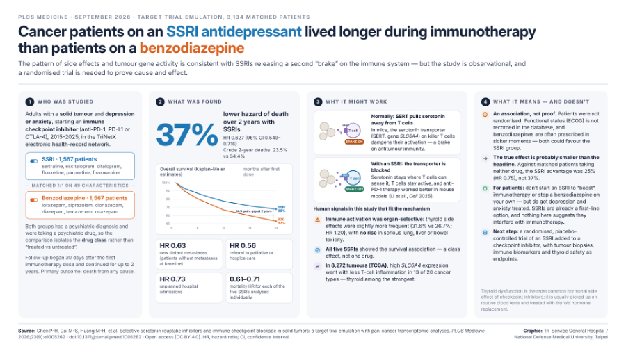 Graphical abstract summarizing a study of antidepressant use and survival among patients receiving cancer immunotherapy.