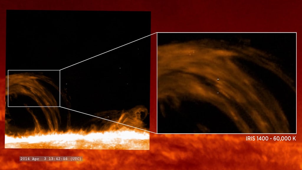 Ultraviolet images of a solar loop show small, bright plasma jets against a dark background.