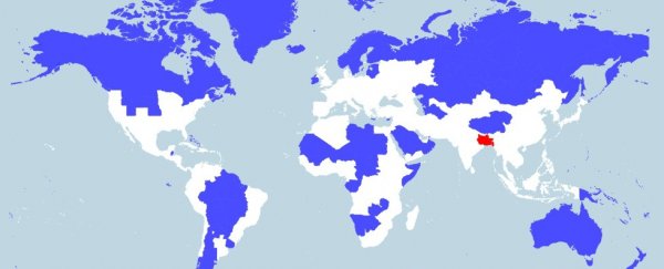 The red and blue sections of this map each contain 5% of the world’s population