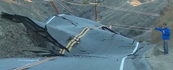 This road in California suddenly rose up and crumbled and no one knows why